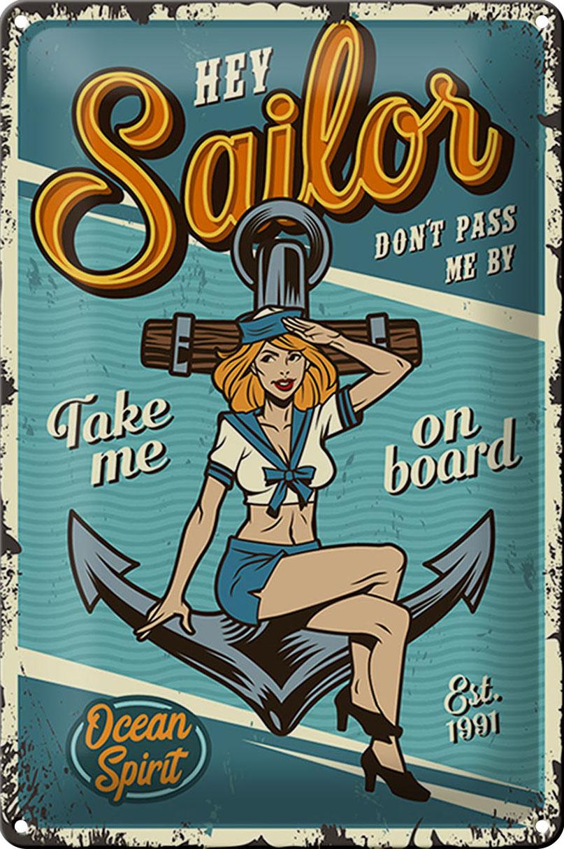 Blechschild Retro 20x30cm Pinup hey Sailor Ocean spirit See Deko Schild tin sign