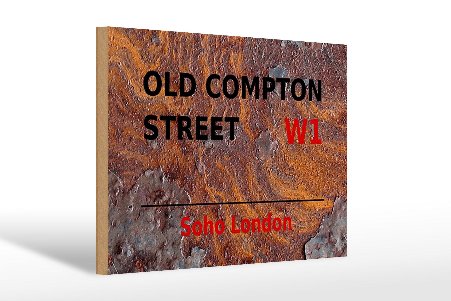 Holzschild London 30x20cm Soho Old Compton Street W1 Deko Schild wooden sign