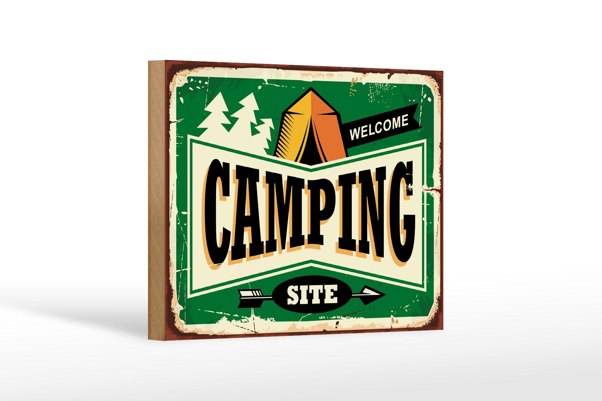 Holzschild Retro 18x12 cm Camping welcome Holz Deko Schild wooden sign