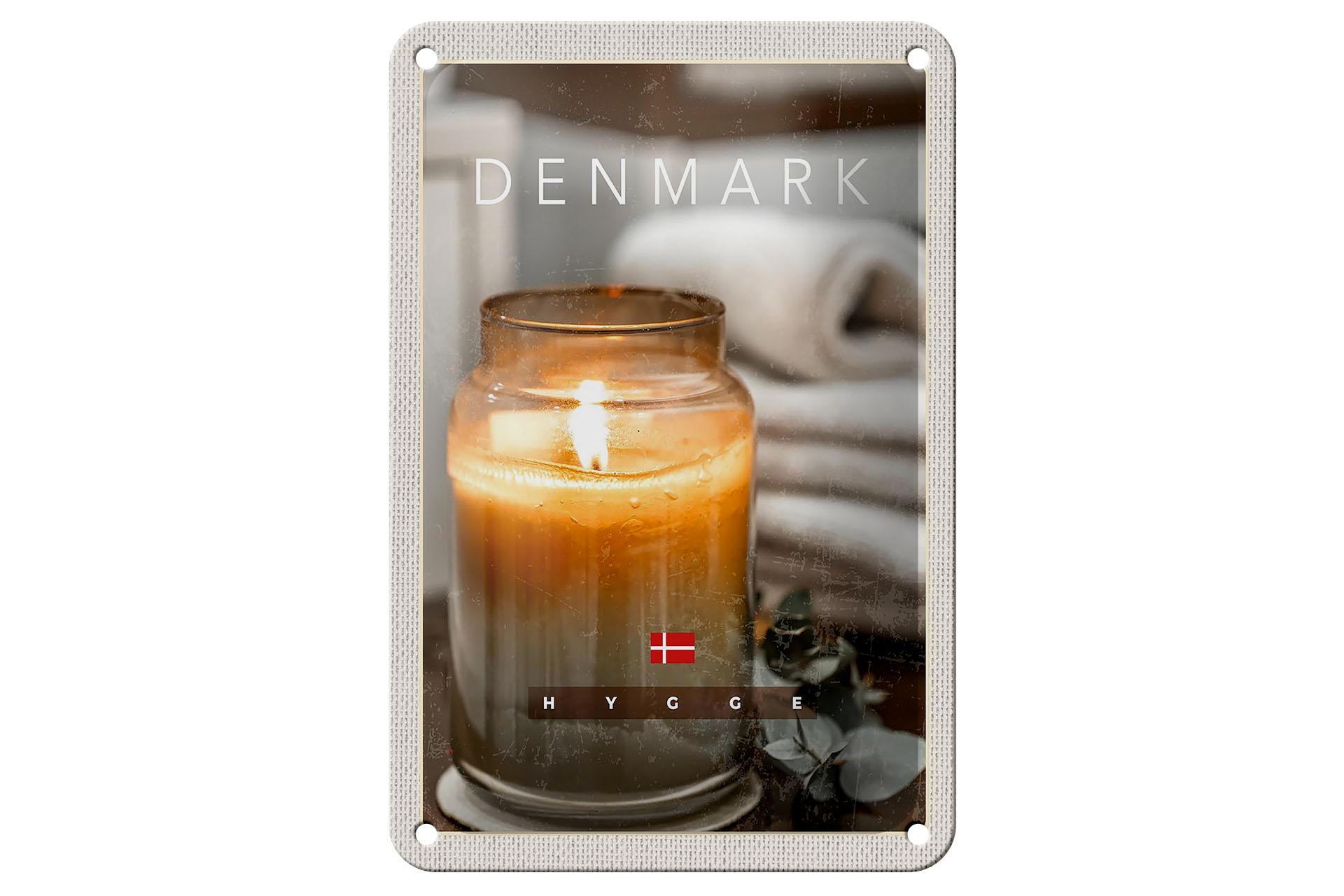 Blechschild Reise 12x18 cm Dänemark Kerze im Glas Blume Handtuch Schild