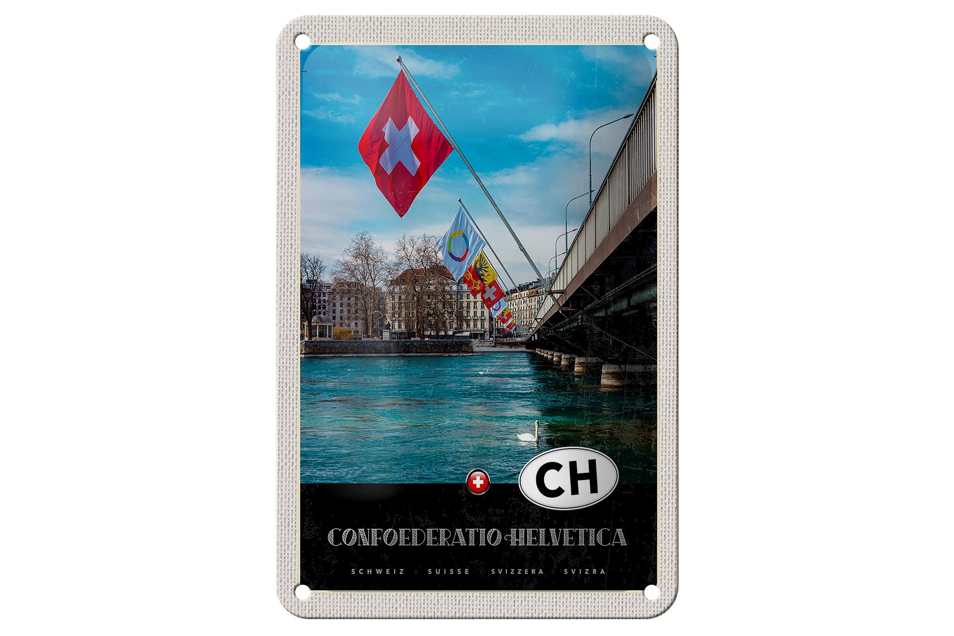 Blechschild Reise 12x18 cm Confoederatio Helvetica Brücke Flagge Schild