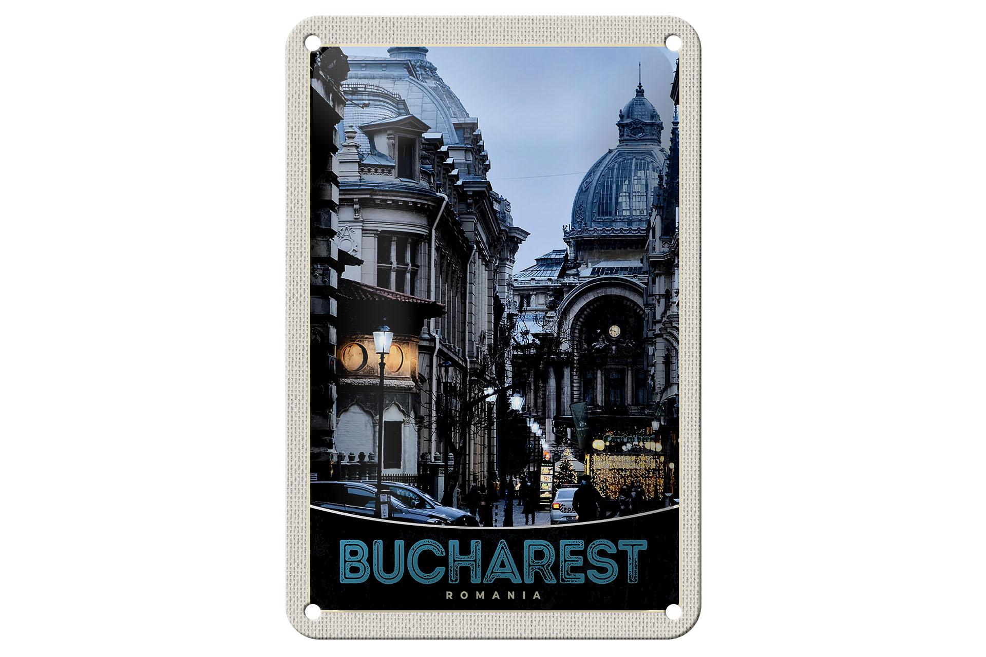 Blechschild Reise 12x18 cm Bukarest Rumänien Stadt Architektur Schild
