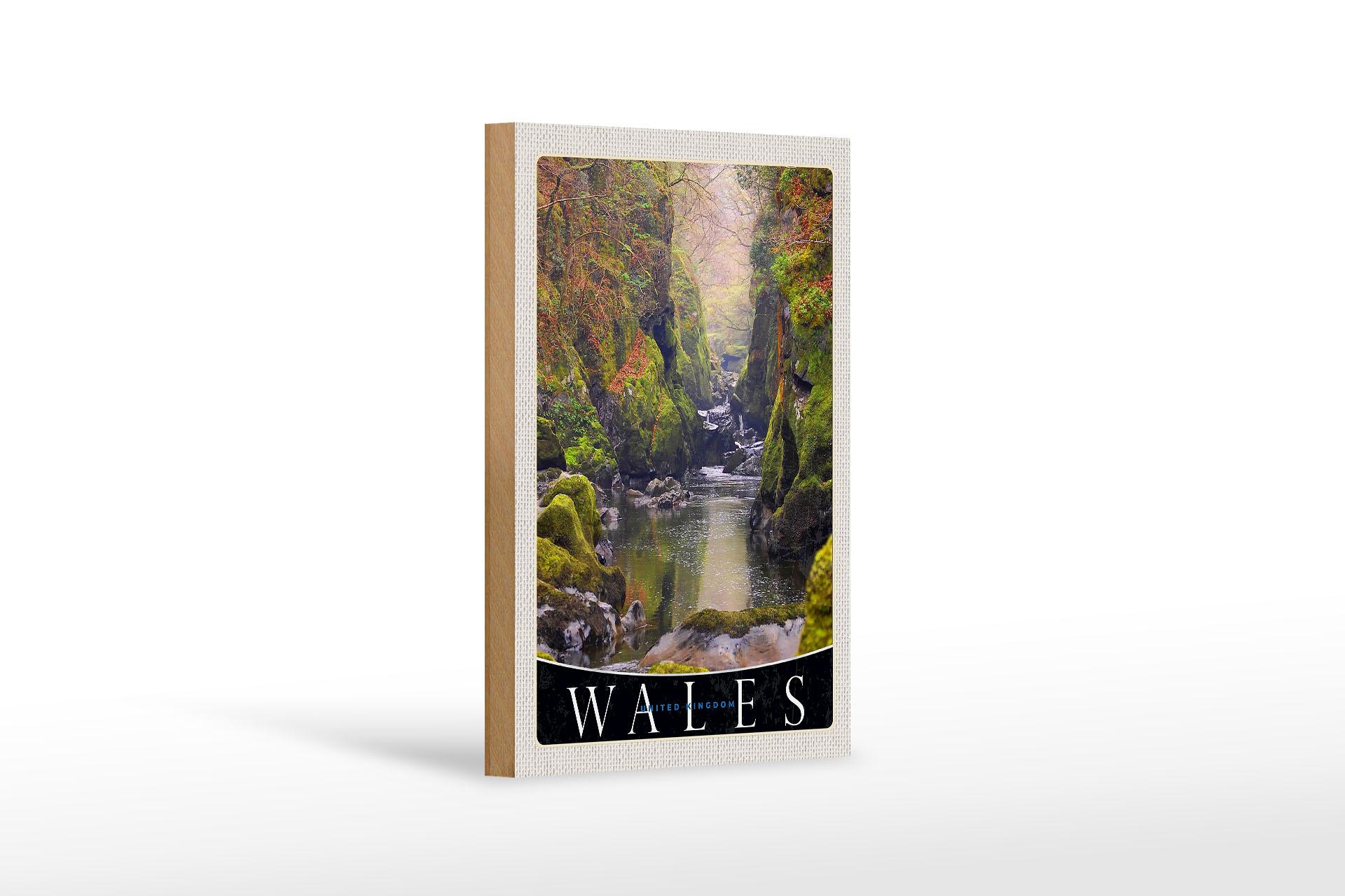 Holzschild Reise 12x18 cm Wales England Natur Fluss Wald Urlaub Schild