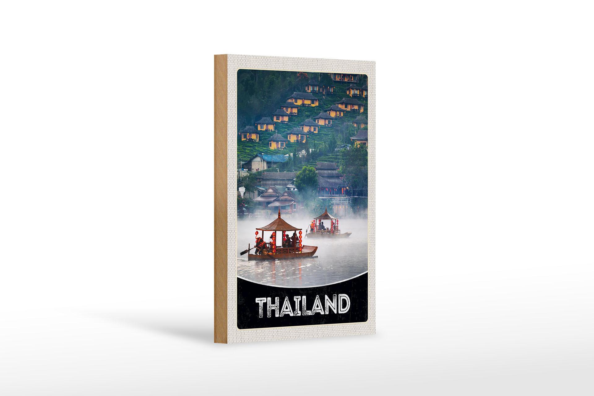 Holzschild Reise 12x18 cm Thailand Asien Fluss Natur Häuser Boot Schild