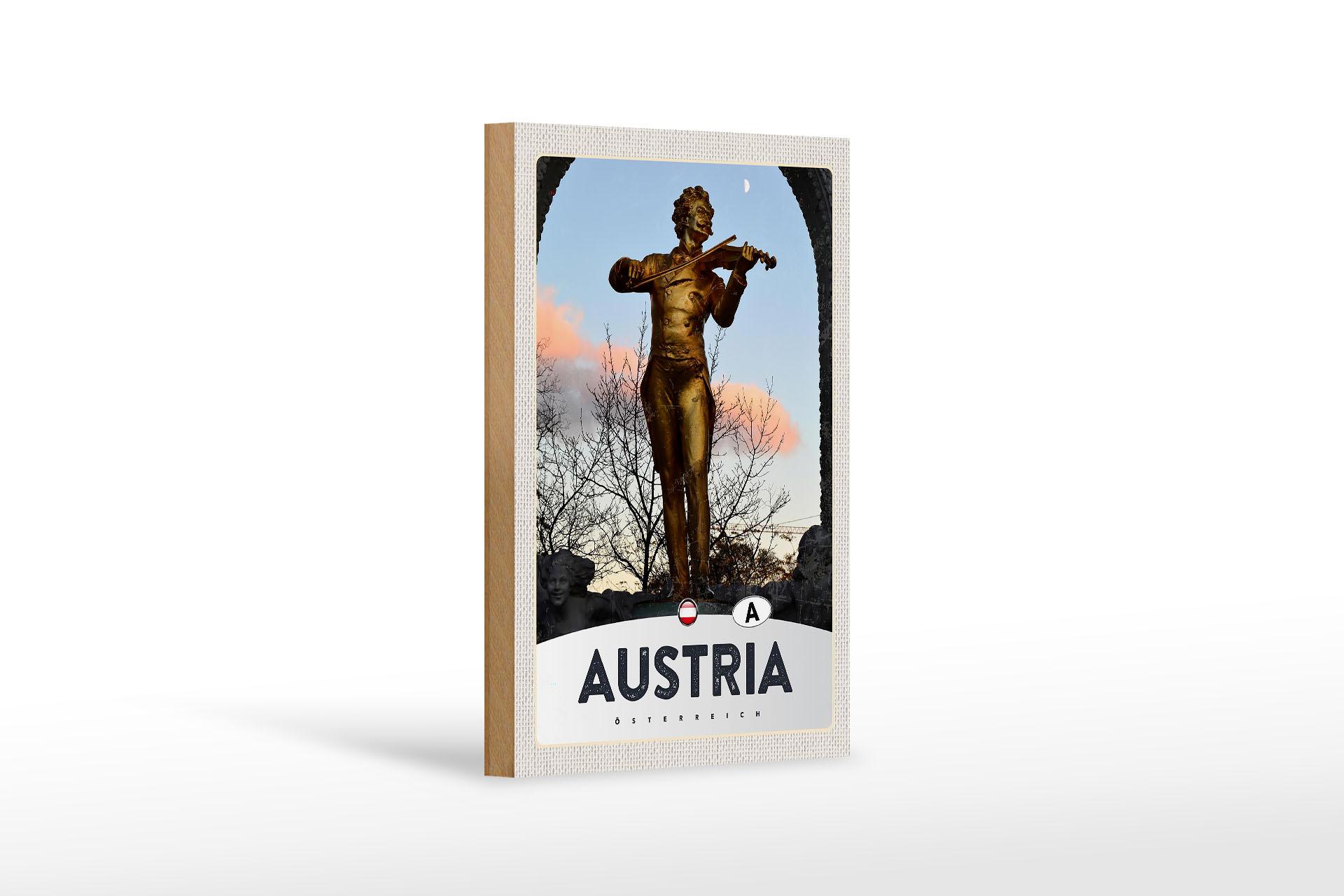 Holzschild Reise 12x18 cm Österreich Skulptur Mann Geige Gold Schild