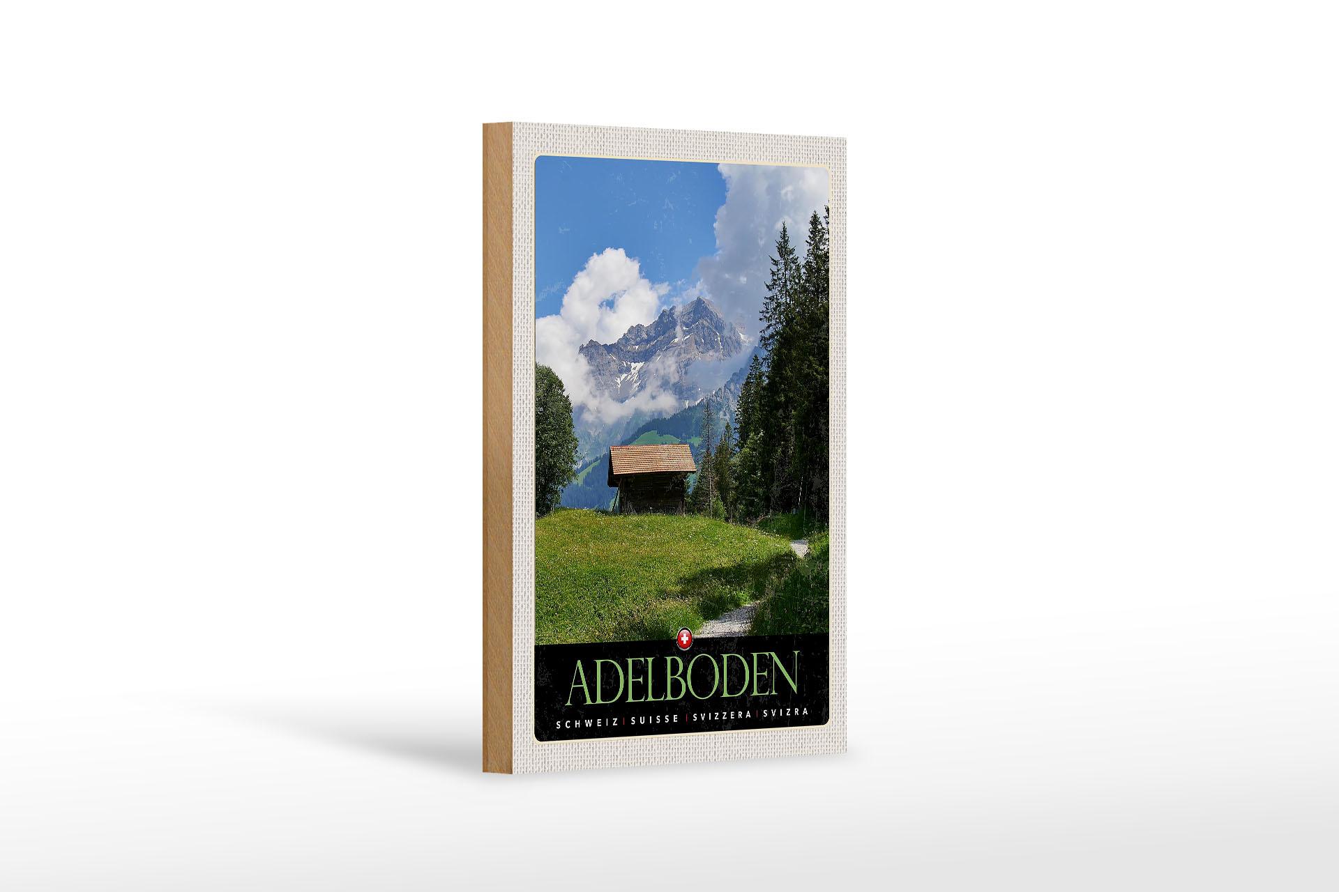 Holzschild Reise 12x18 cm Adelboden Schweiz Wälder Häuschen Schild
