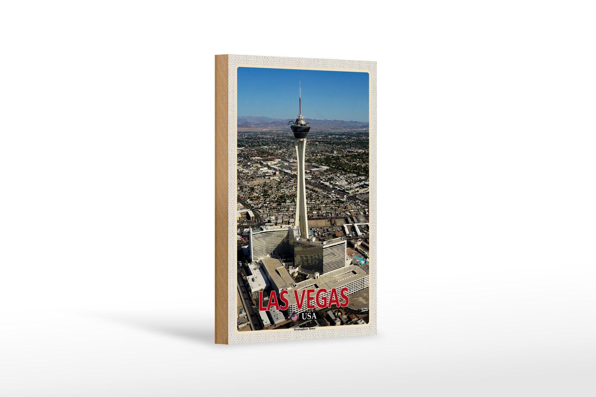 Holzschild Reise 12x18 cm Las Vegas USA Stratosphere Tower Schild