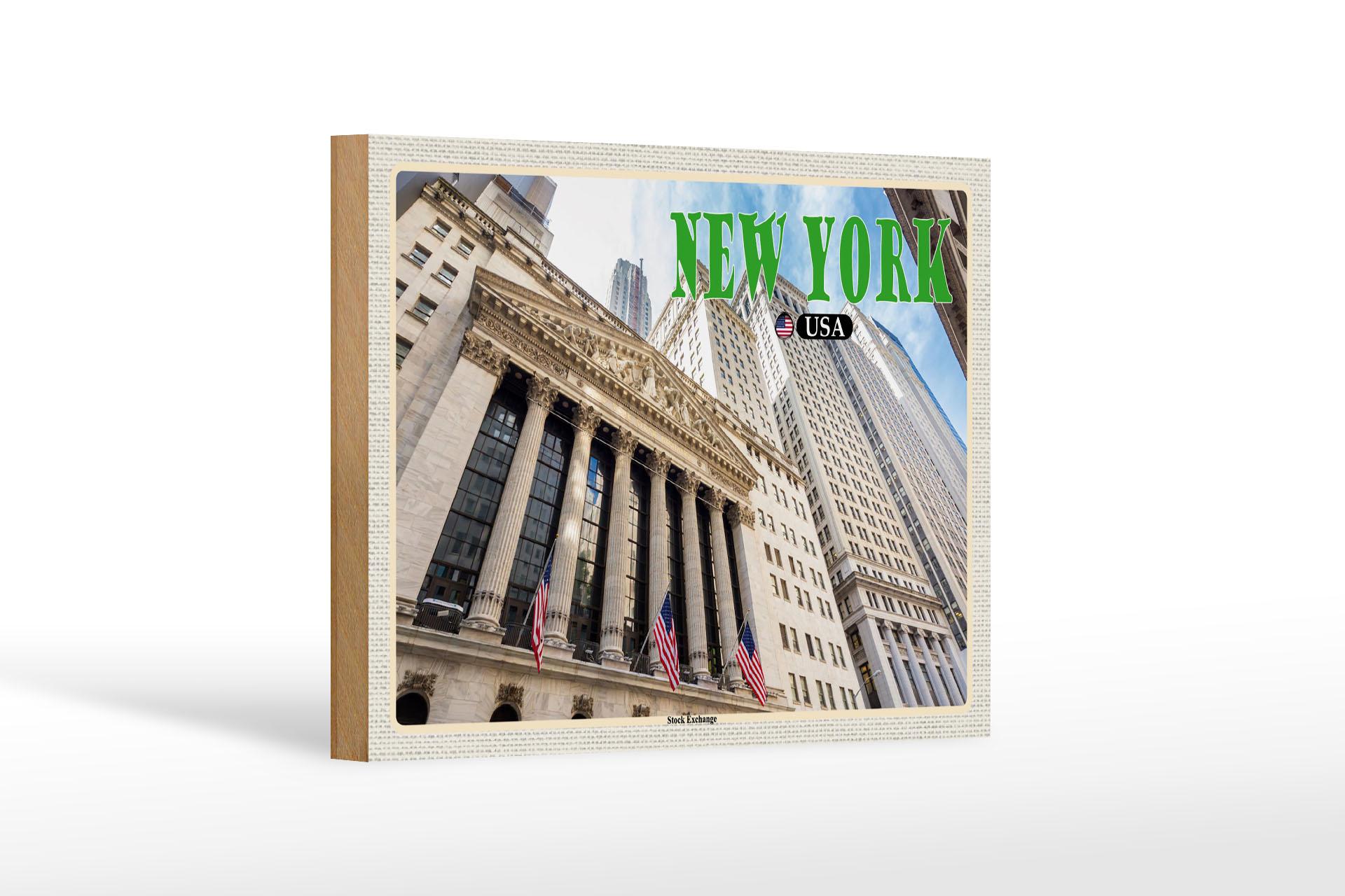 Holzschild Reise 18x12 cm New York USA Stock Exchange Börse Schild
