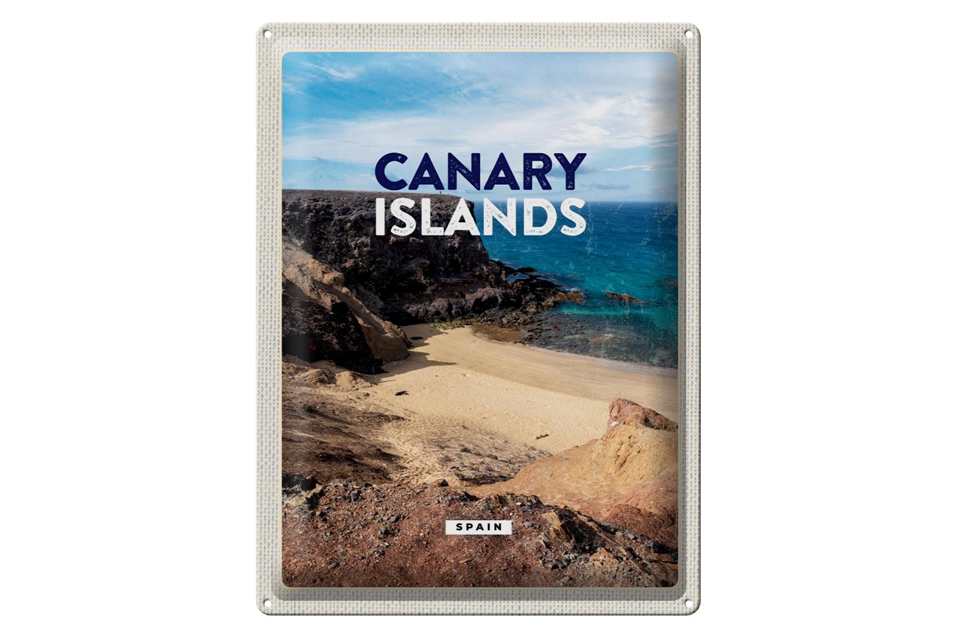 Blechschild Reise 30x40 cm Sretro Canary Islands Berge Meer Sand Schild