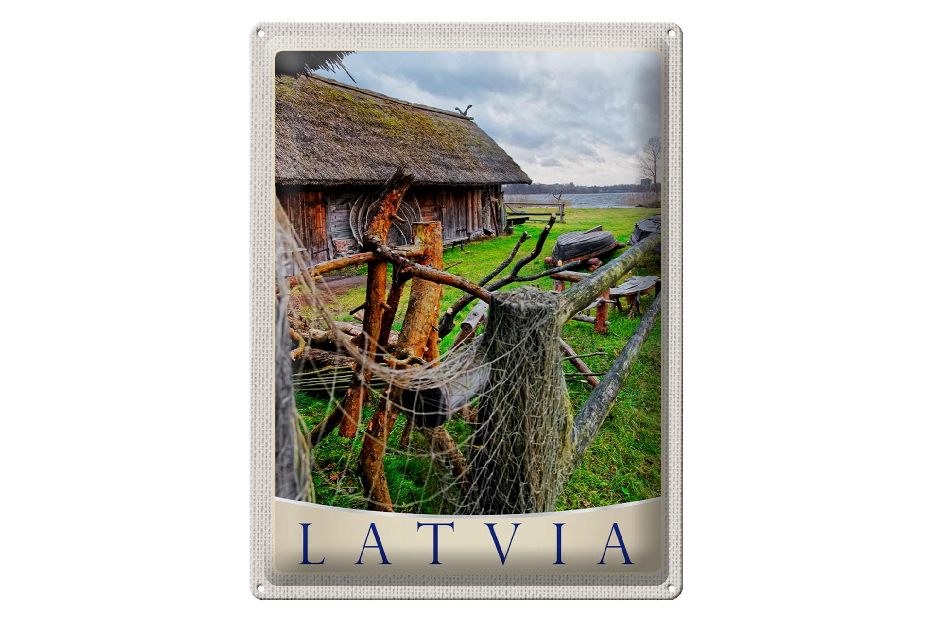 Blechschild Reise 30x40 cm Lettland Natur Häuschen Urlaub Europa