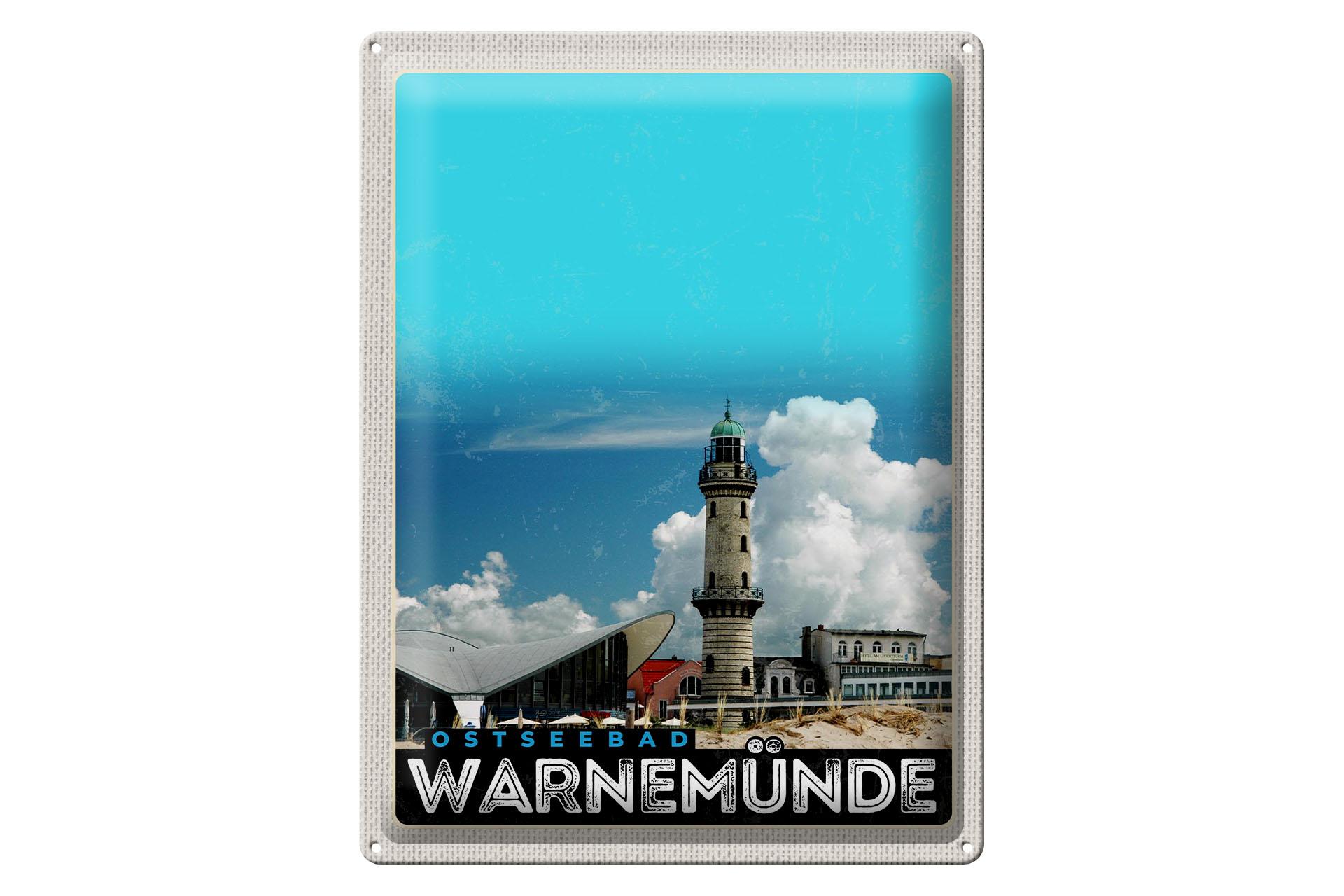 Blechschild Reise 30x40 cm Ostseebad Warnemünde Leuchtturm Strand