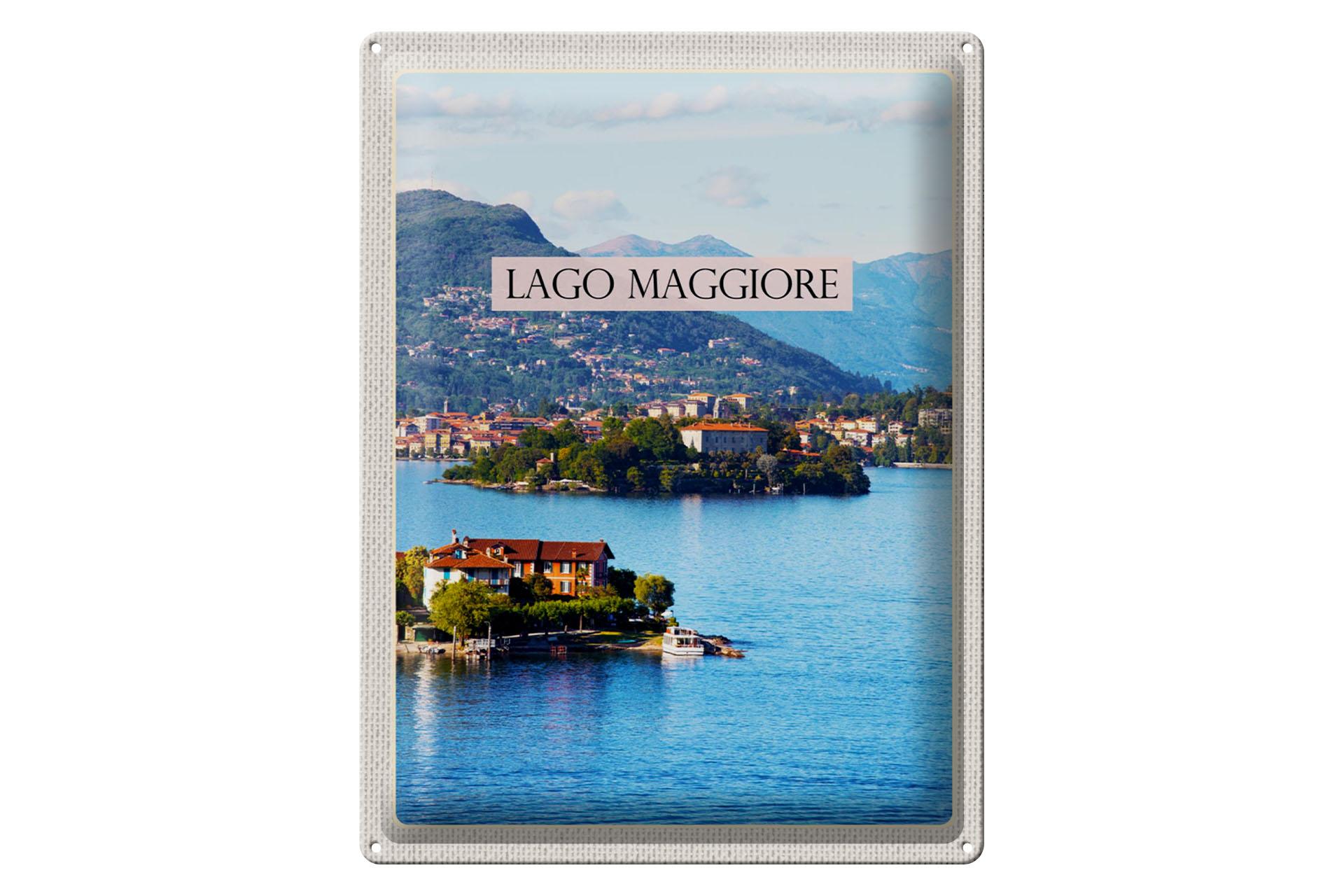 Blechschild Reise 30x40cm  Lago Maggiore Aussicht auf Insel Meer