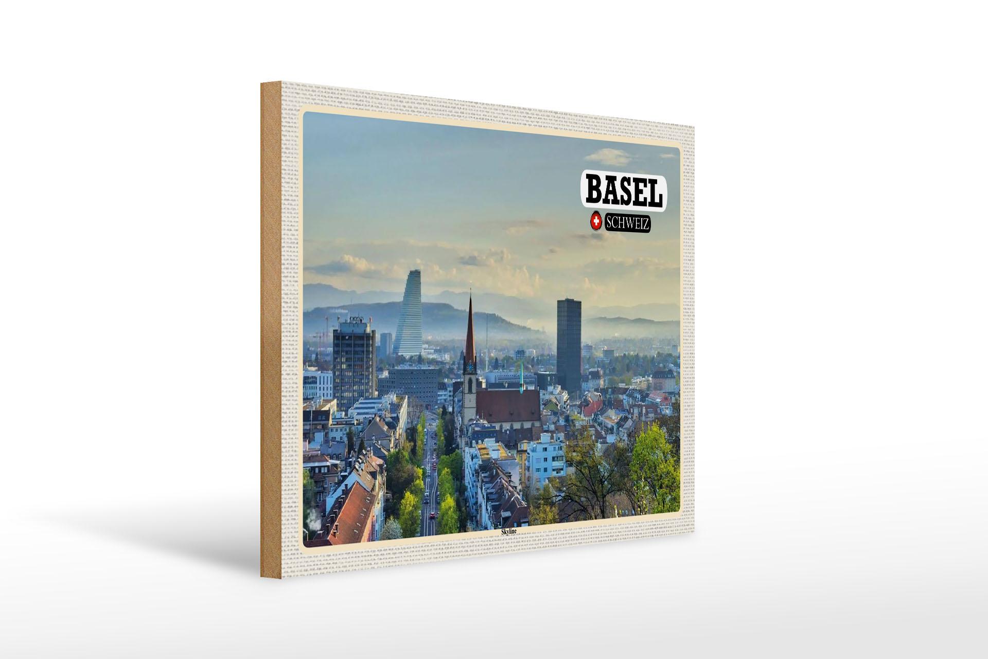 Holzschild Reise Basel Schweiz Skyline Architektur 40x30 cm Schild