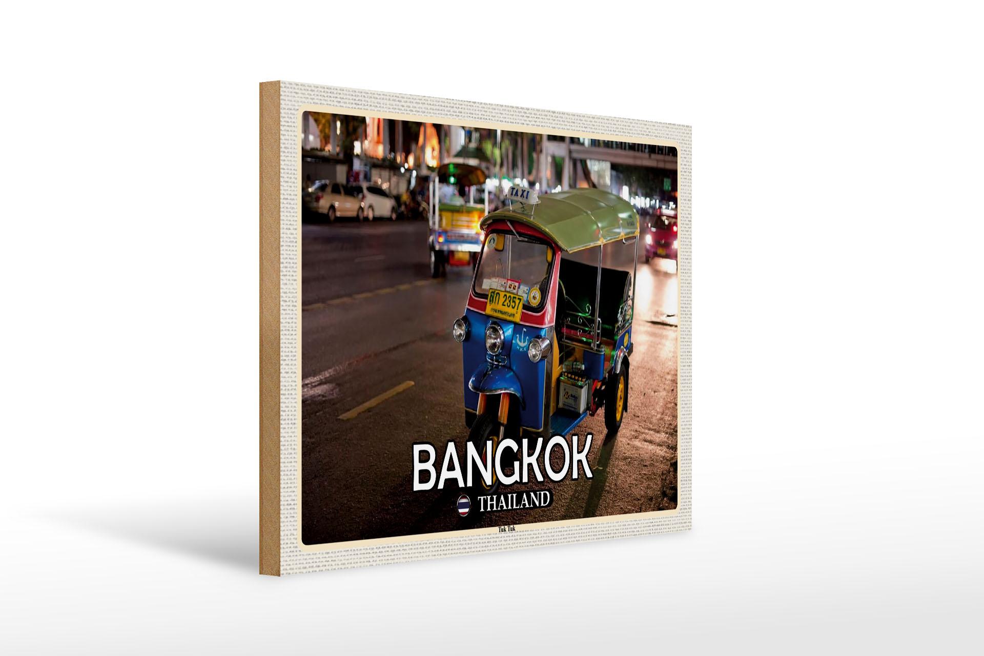 Holzschild Reise 40x30 cm Bangkok Thailand Tuk Tuk Geschenk Schild